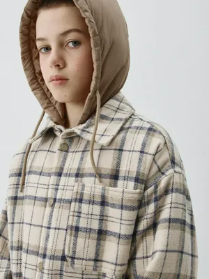 Куртка-рубашка Sela детская в клетку с капюшоном, бежевый, арт. 42293