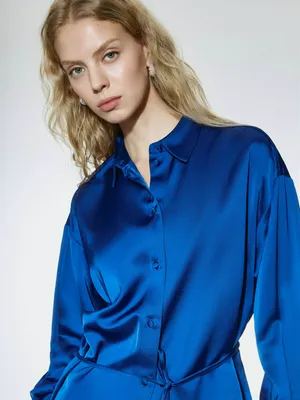 Сатиновая рубашка SELA оверсайз с поясом, синий, арт. 42316