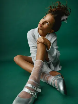 SELA Балетки кожаные с эффектом металлик для девочек, серебристый, арт. 42370