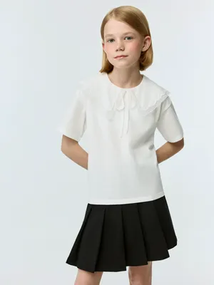 Трикотажная футболка SELA для девочек с воротником, белый, арт. 42503