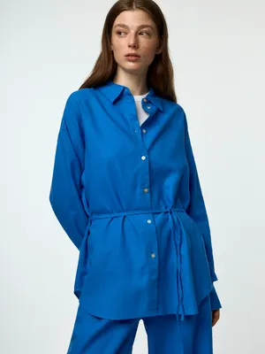 Рубашка SELA оверсайз из смесового льна с поясом, синий, арт. 42567