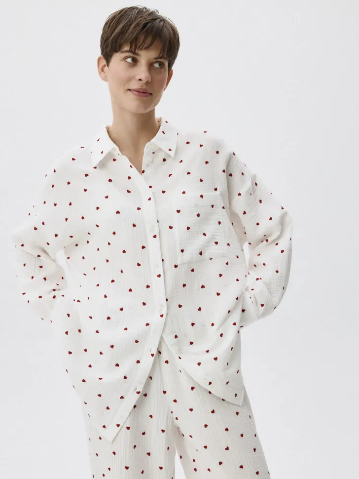 Домашняя рубашка из муслина с принтом, белый, арт. 4281