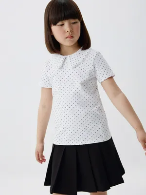 Трикотажная футболка с воротником для девочек, белый, арт. 4292