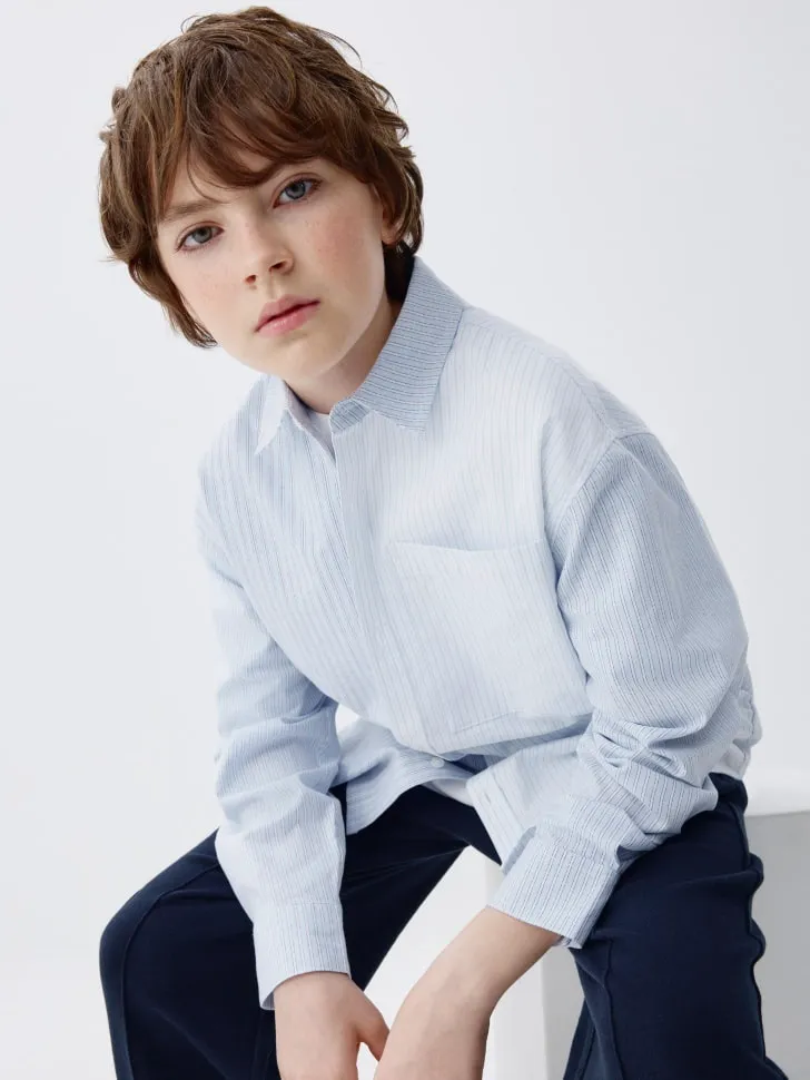 Рубашка в полоску в стиле пэчворк для мальчиков, голубой, арт. 4298