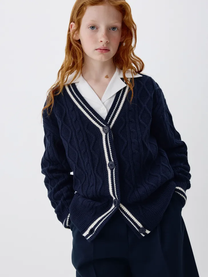 Вязаный кардиган в стиле преппи для девочек, синий, арт. 4300