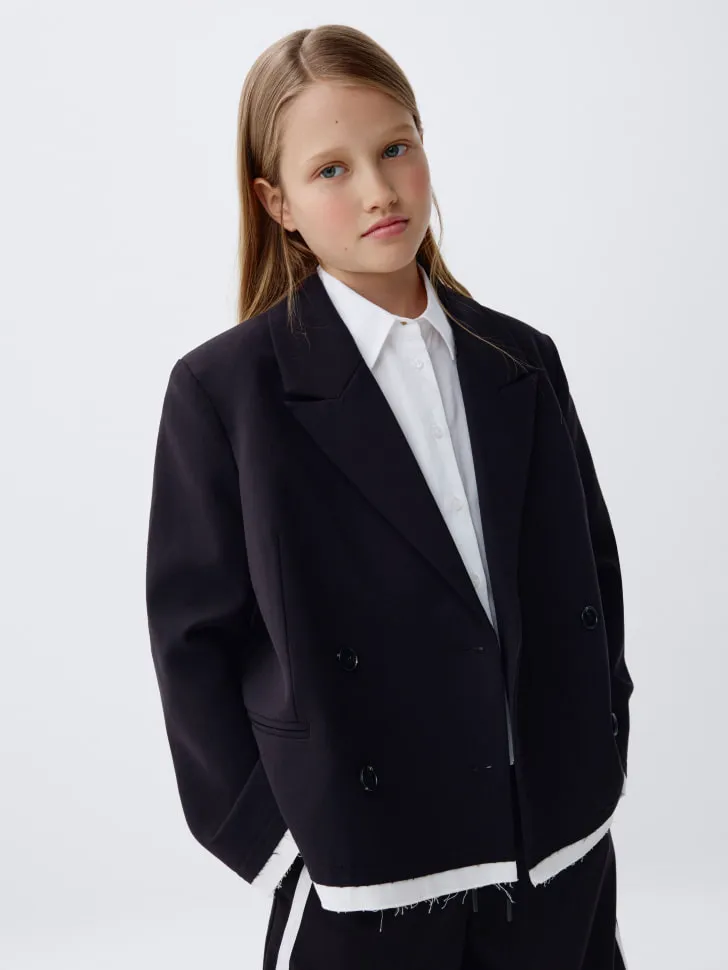 Двубортный жакет с рваными деталями для девочек, черный, арт. 4303