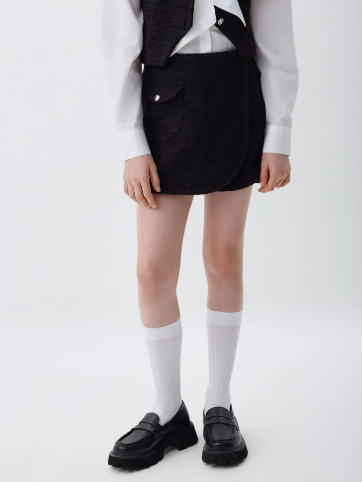 Юбка-шорты из фактурного джерси для девочек, черный, арт. 4316