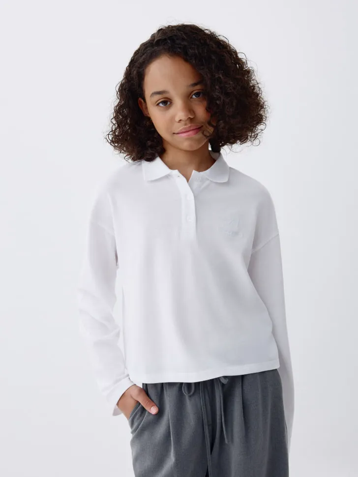 Поло оверсайз с длинным рукавом для девочек, белый, арт. 4329
