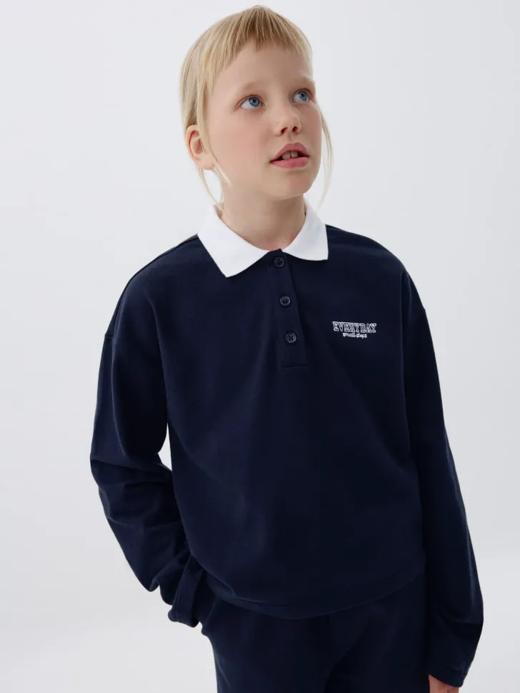 Поло оверсайз с длинным рукавом для девочек, синий, арт. 4331
