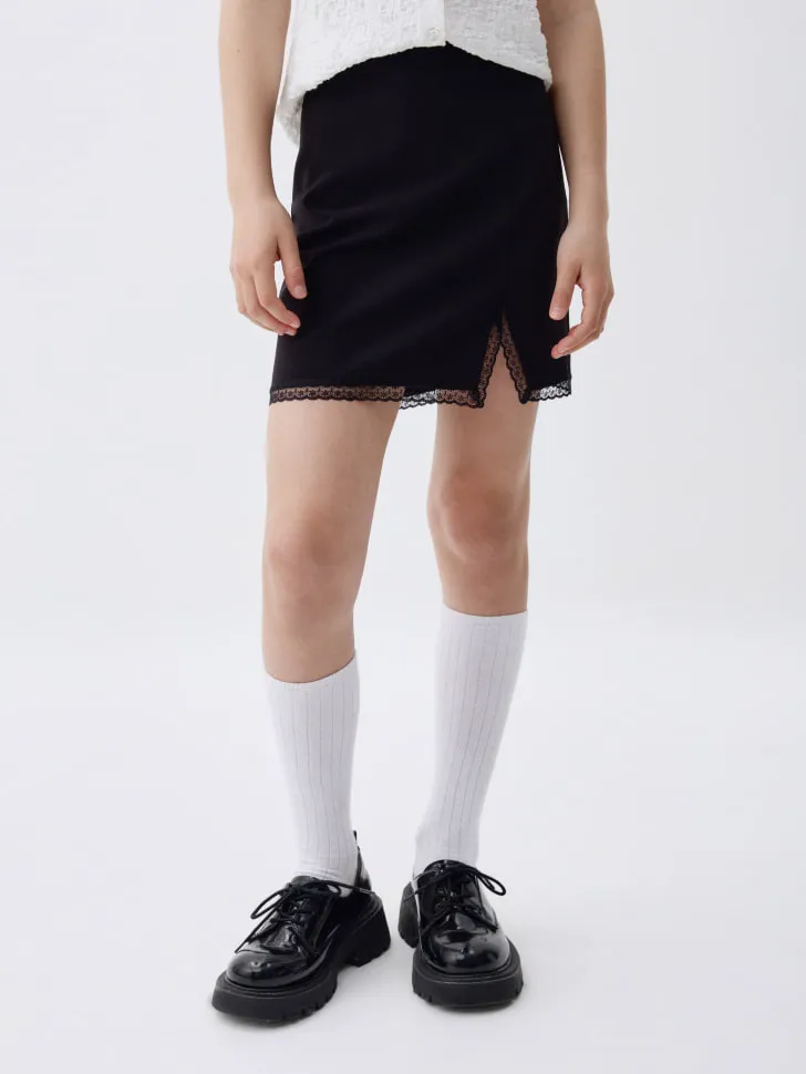 Школьная юбка с кружевом для девочек, черный, арт. 4344