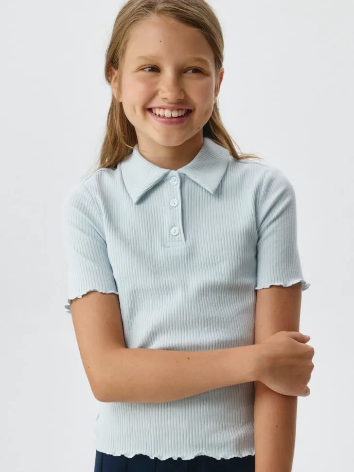 Поло в рубчик с короткими рукавами для девочек, голубой, арт. 4345