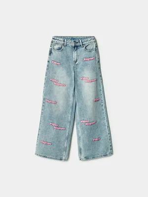 Джинсы SELA широкие с вышивкой, голубой, арт. 43451