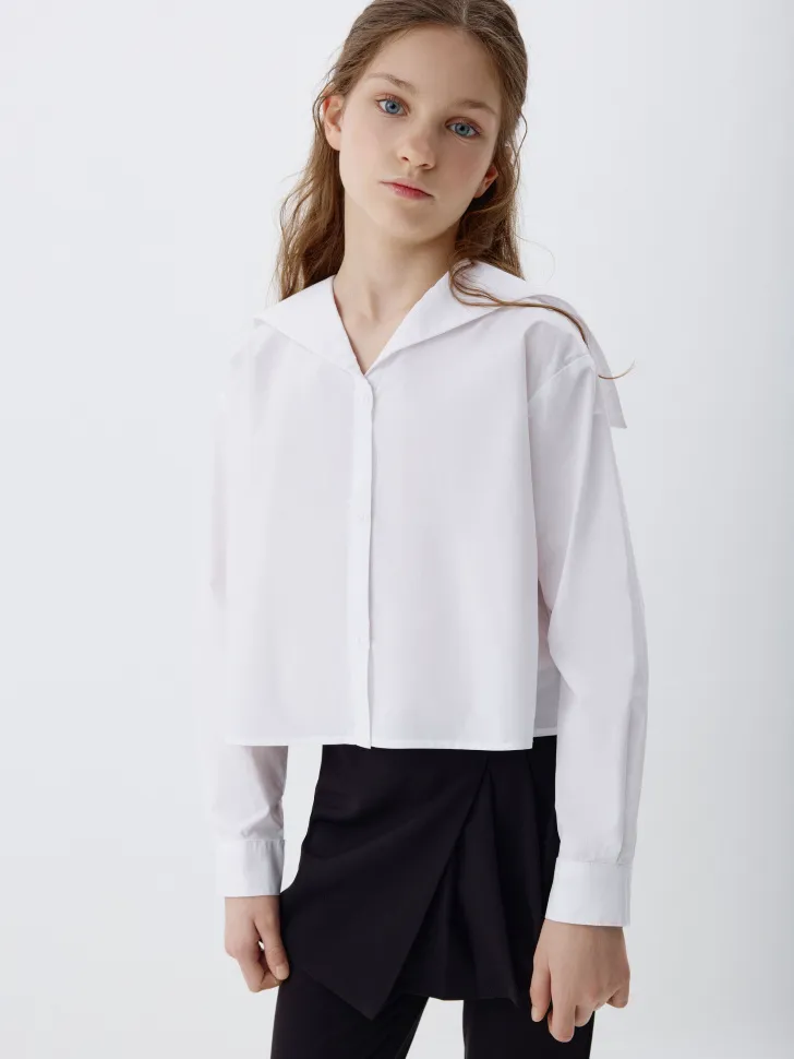 Укороченная блузка с морским воротником для девочек, белый, арт. 4348