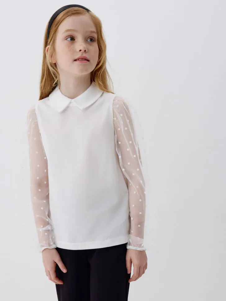 Нарядная трикотажная блузка для девочек, белый, арт. 4354