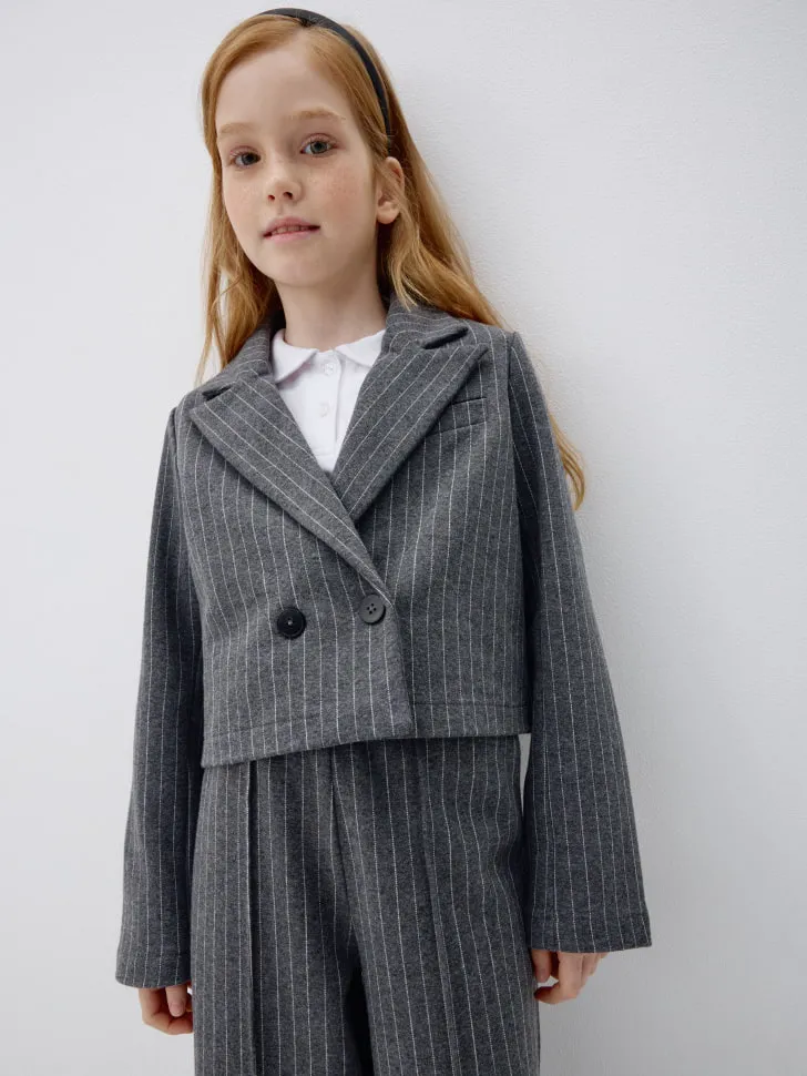 Укороченный жакет в полоску для девочек, серый, арт. 4357