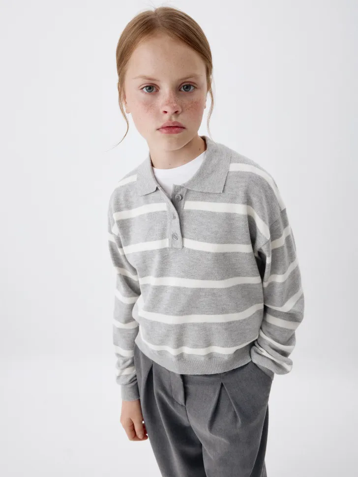 Вязаный джемпер с воротником поло для девочек, серый, арт. 4362