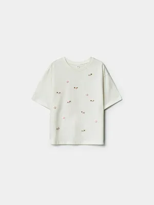 Футболка оверсайз SELA с принтом и аппликацией для девочек, белый, арт. 43785