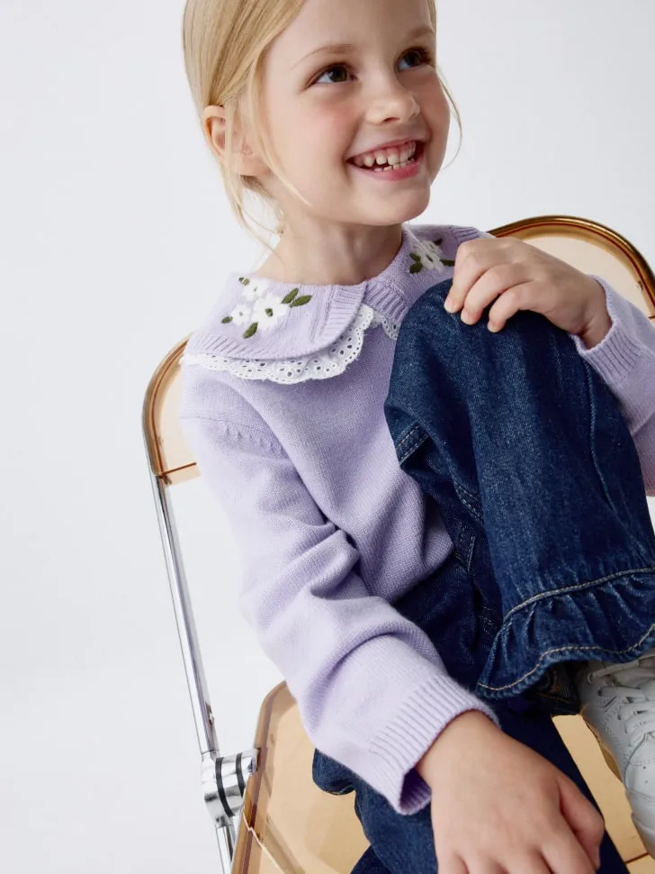 Вязаный джемпер с нарядным воротником для девочек, фиолетовый, арт. 4383