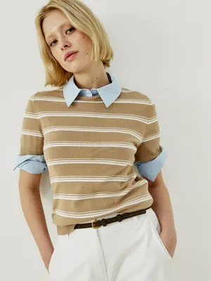 Джемпер Sela вязаный в полоску с коротким рукавом, бежевый, арт. 43952