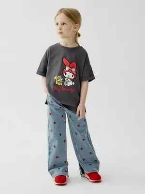 Джинсы Sela широкие для девочек с вышивкой, голубой, арт. 44328