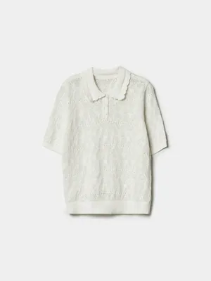 Вязаный джемпер-поло Sela с ажурным воротником, белый, арт. 44406