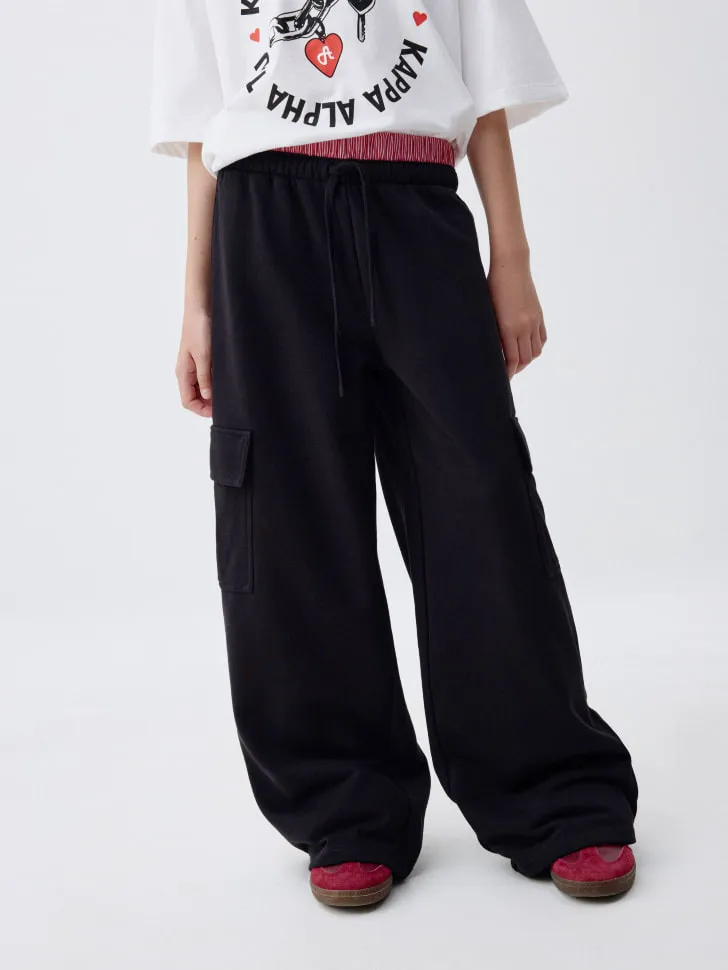 Широкие брюки карго с двойным поясом для девочек, черный, арт. 4484