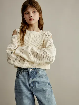 Джемпер SELA Укороченный ажурной вязки для девочек, белый, арт. 44926