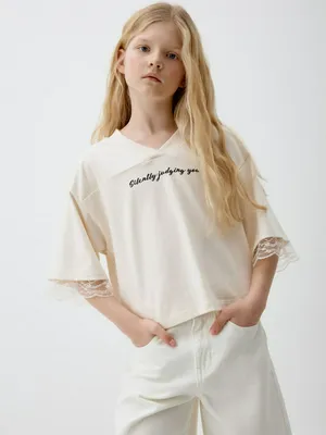 Укороченная футболка оверсайз с кружевным рукавом, арт. 4534