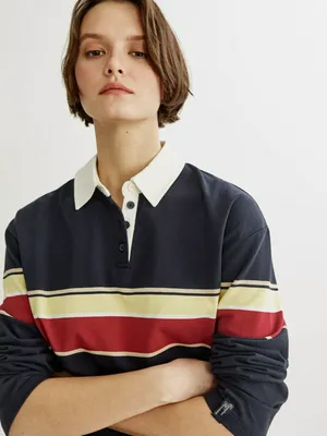 Трикотажный лонгслив-поло SELA оверсайз в полоску, синий, арт. 45390