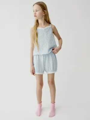 Пижама SELA хлопковая в клетку для девочки, голубой, арт. 45402