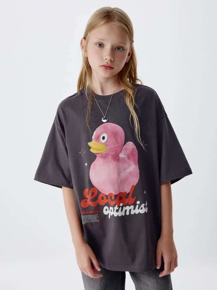 Футболка оверсайз с принтом для девочек, серый, арт. 4543