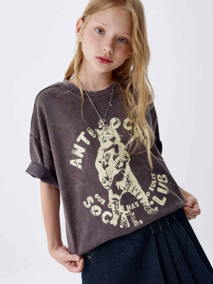 Футболка оверсайз с принтом для девочек, серый, арт. 4571