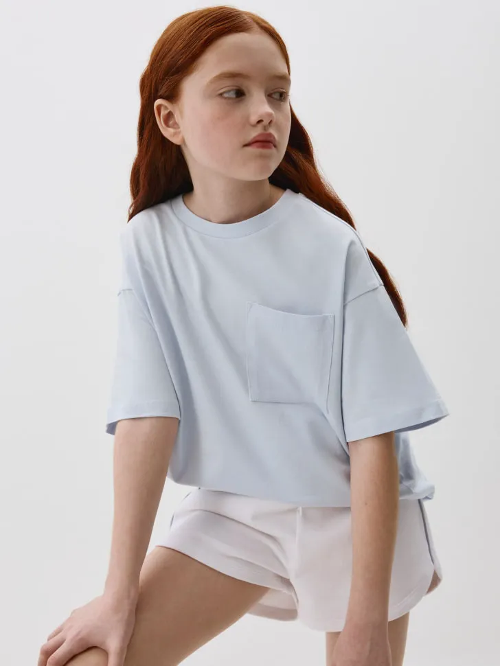 Базовая футболка с карманом для девочек, голубой, арт. 4625
