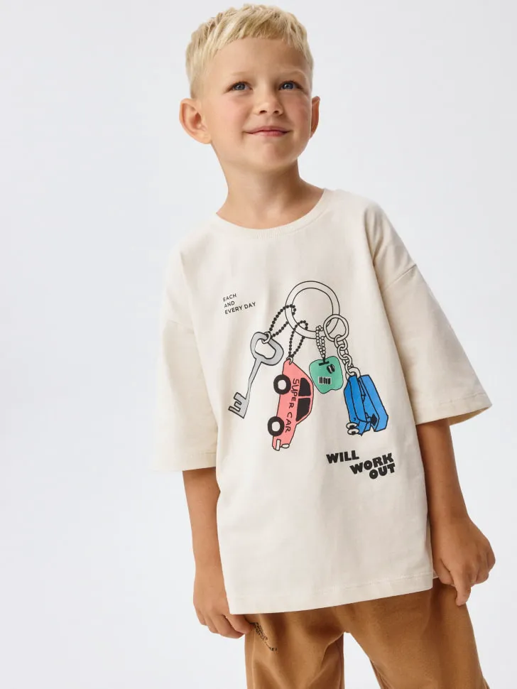 Футболка оверсайз с принтом для мальчиков, бежевый, арт. 4631