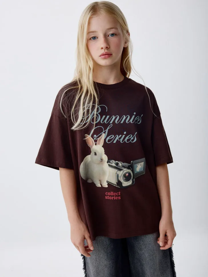 Футболка оверсайз с принтом для девочек, коричневый, арт. 4663