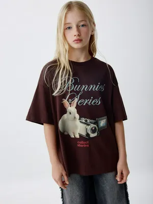 Футболка оверсайз с принтом для девочек, коричневый, арт. 4663