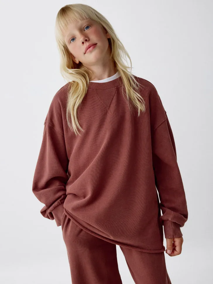 Свитшот с кислотной стиркой для девочек, коричневый, арт. 4736