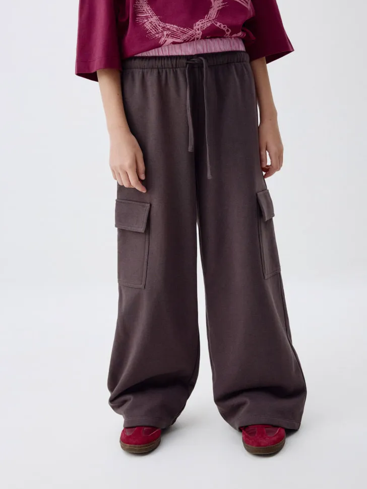 Широкие брюки карго с двойным поясом для девочек, серый, арт. 4745