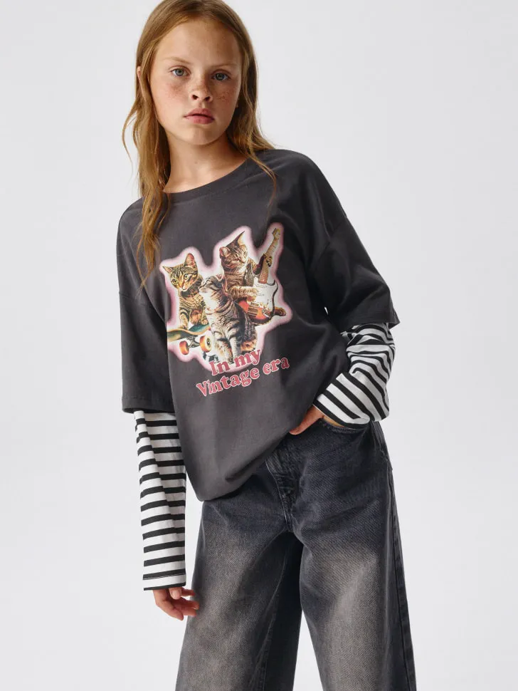 Лонгслив оверсайз с принтом для девочек, серый, арт. 4756