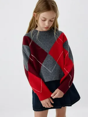 Вязаный джемпер в клетку аргайл для девочек, разноцветный, арт. 4767