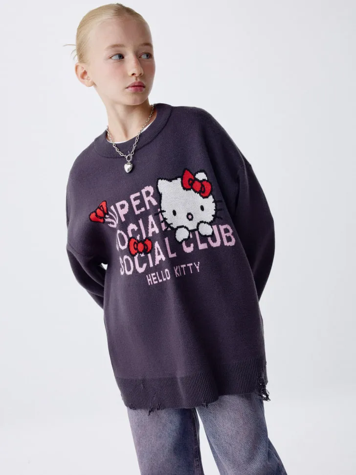 Вязаный джемпер в стиле гранж с Hello Kitty для девочек, серый, арт. 4768
