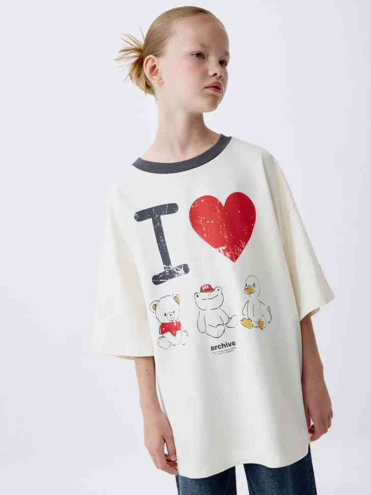 Футболка оверсайз с принтом для девочек, бежевый, арт. 4771