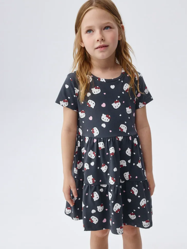 Трикотажное платье с принтом Hello Kitty для девочек, серый, арт. 4780