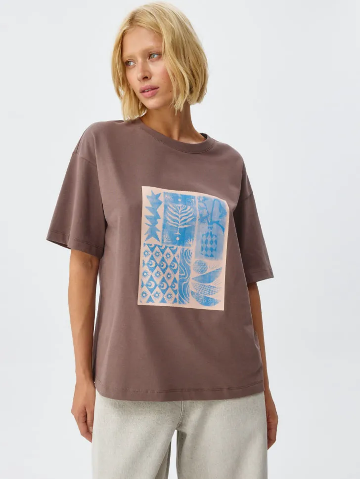 Футболка оверсайз с принтом, коричневый, арт. 4785