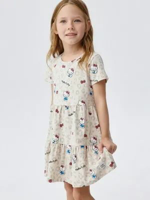 Трикотажное платье с принтом Hello Kitty для девочек, бежевый, арт. 4788