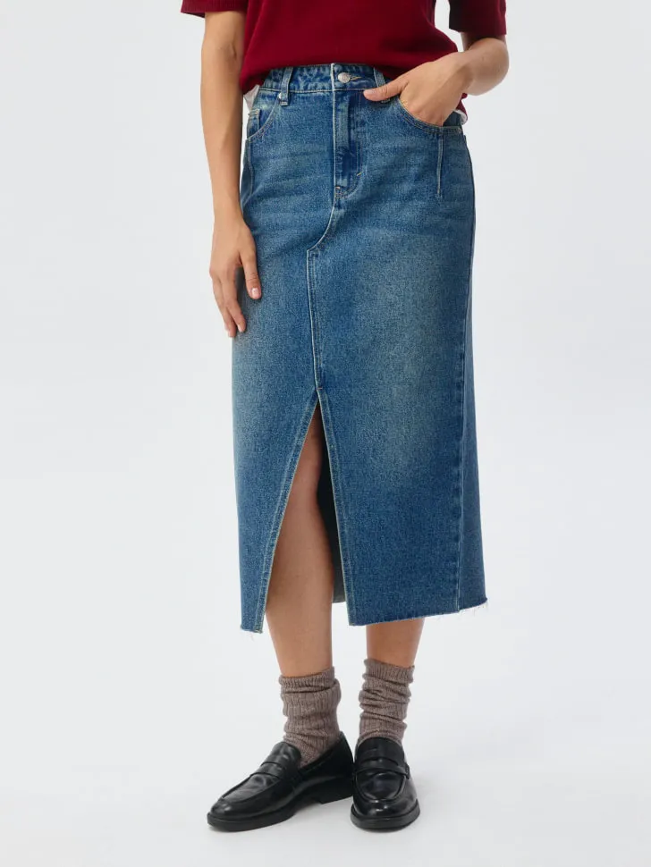 Джинсовая юбка миди с разрезом, синий, арт. 4891