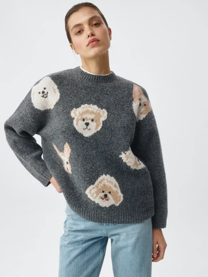 Вязаный джемпер оверсайз с принтом, серый, арт. 4918