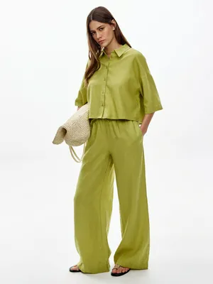 Женские широкие брюки SELA изо льна, зеленый, арт. 49453