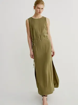 Платье миди Sela из вискозы с поясом, хаки, арт. 49490