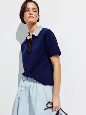 Поло SELA оверсайз с воротником в клетку, синий, арт. 49655